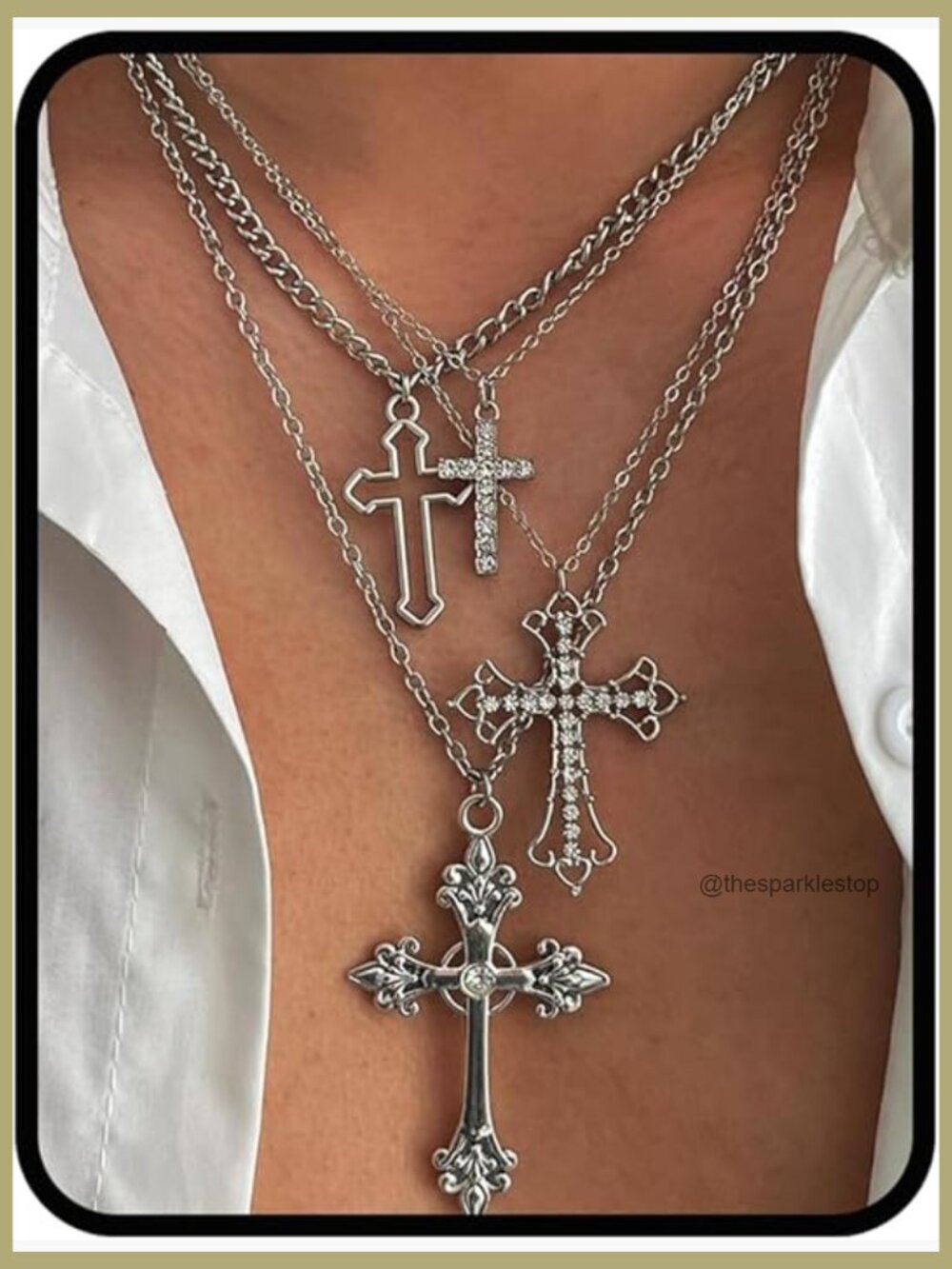 Layered Cross Necklace Set Multi Chain Pendant with Rhinestone Accents Vintage